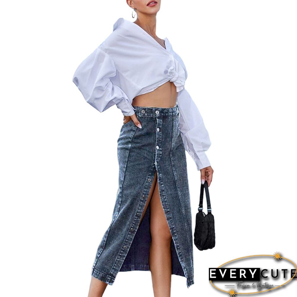 Pewter Button Split High Waist Maxi Skirt