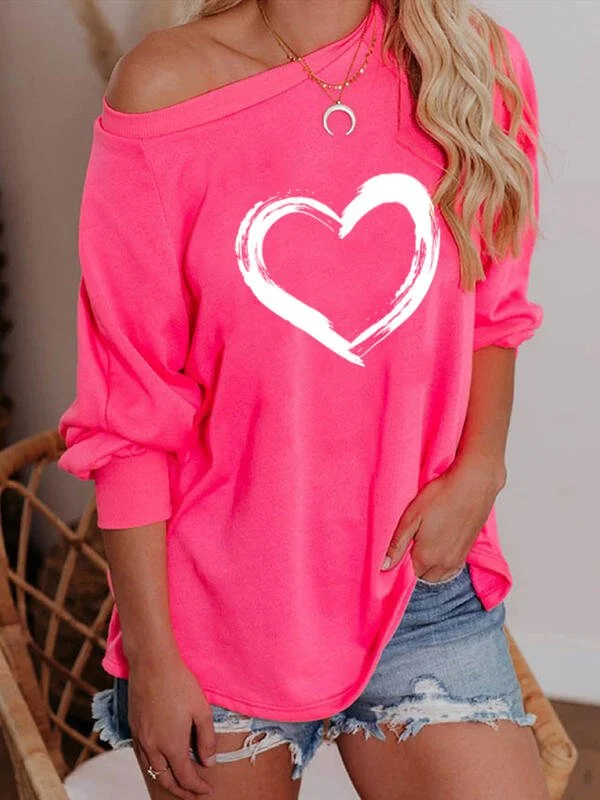 Heart Print One Shoulder Long Sleeves Sweatshirt