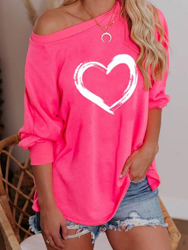 Heart Print One Shoulder Long Sleeves Sweatshirt Zaesvini