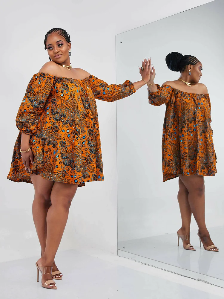 Mkay Off-shoulder Ankara Dress - Mustard Print