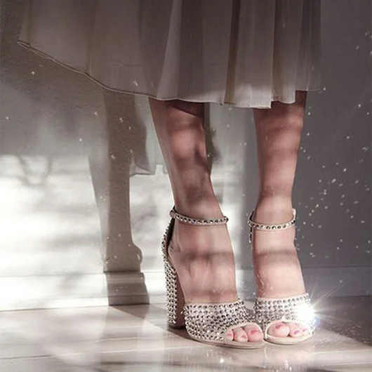 Beige Wedding Sandals Peep Toe Ankle Strap Studded Chunky Heels |FSJ Shoes