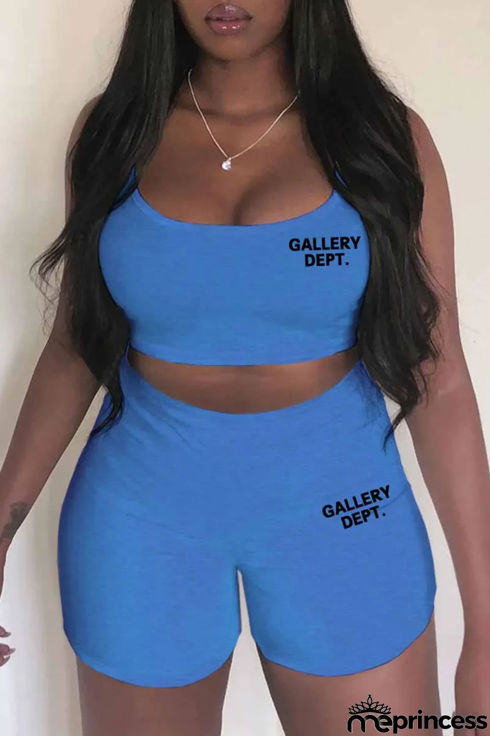 Light Blue Casual Print Letter Spaghetti Strap Sleeveless Two Pieces