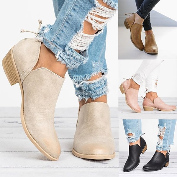 Spring And Autumn Women's Fashion Solid Leather Ankle Boots Cut-out Low Chunky Heel Round Toe Back Zipper Casual Short Boots