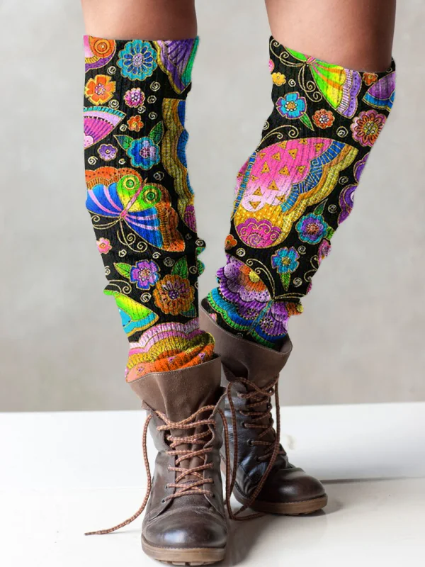 （Ship within 24 hours）Retro butterfly print knit boot cuffs leg warmers