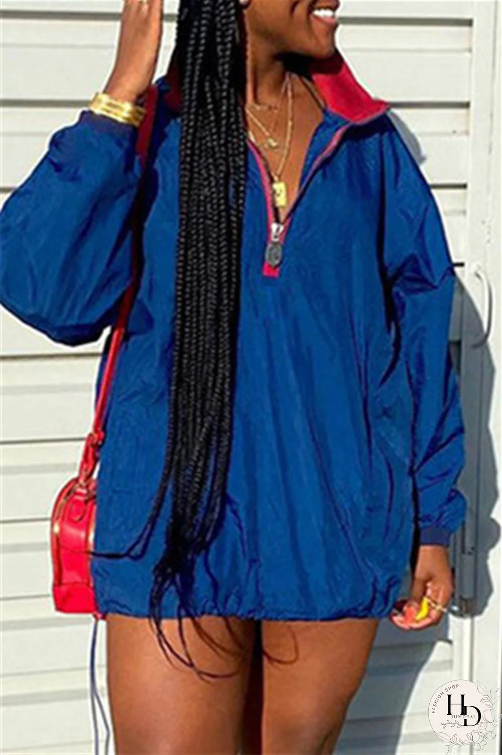 Deep Blue Fashion Casual Solid Split Joint Zipper Collar Long Sleeve Dresses