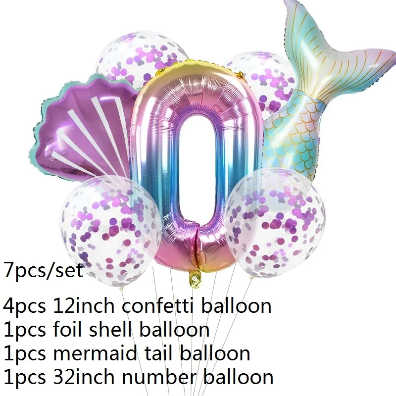 7pcs Mermaid Party Balloons 0 1 2 3 4 5 6 7 8 9 Number Foil Balloon Kids Birthday Party Decorations Baby Shower Helium Globos