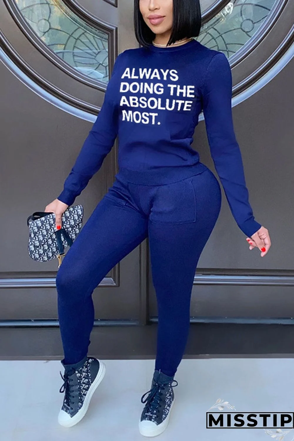 Royal Blue Casual Letter Solid O Neck Long Sleeve Two Pieces