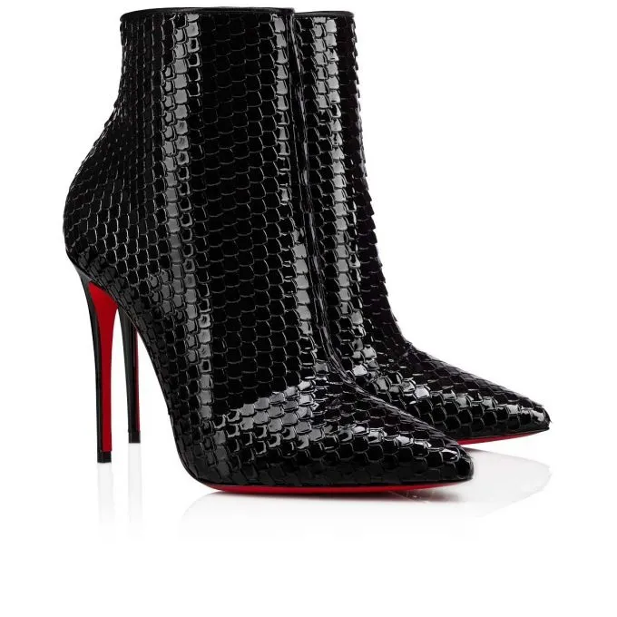 100mm Women's Black Snakeskin Boots Red Bottom Ankle Boots-vocosishoes