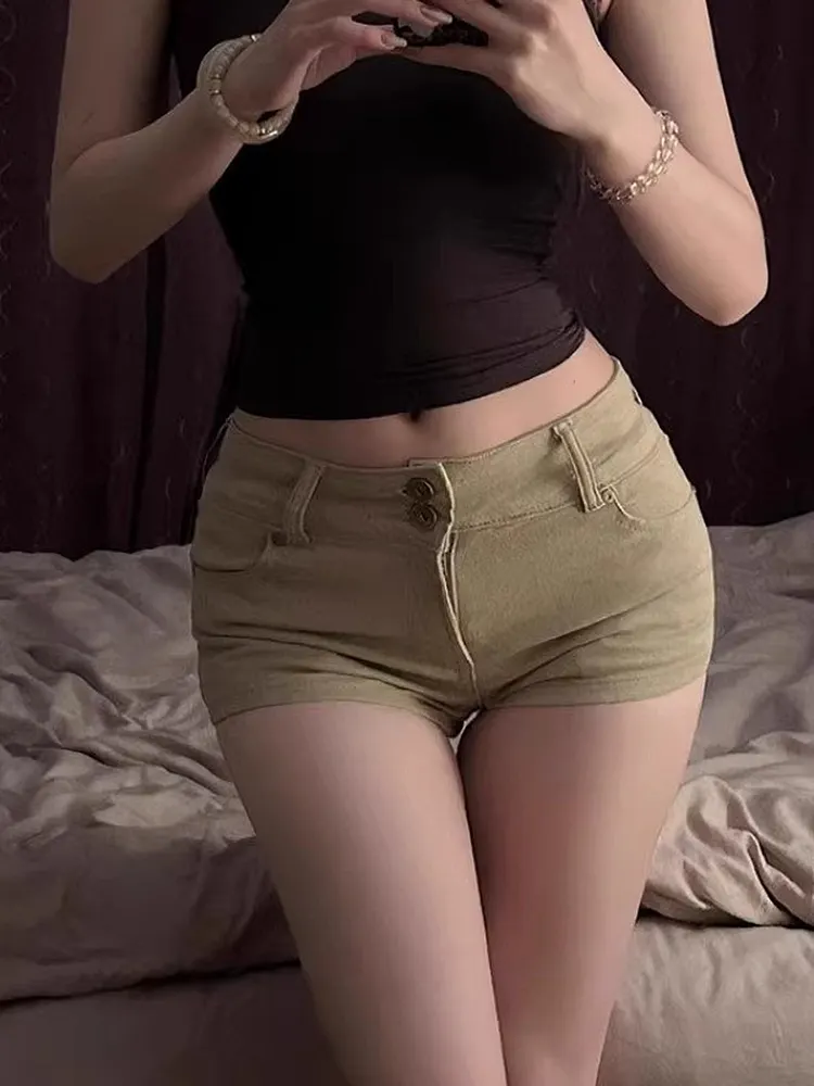 Khaki Low Rise A - Line Denim Shorts for Women Slim Fit