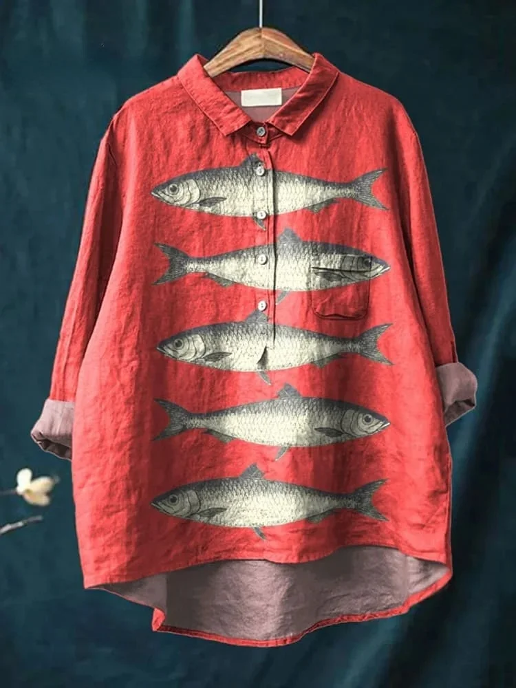 Vintage Lovely Fish Art Print Casual Cotton And Linen Shirt