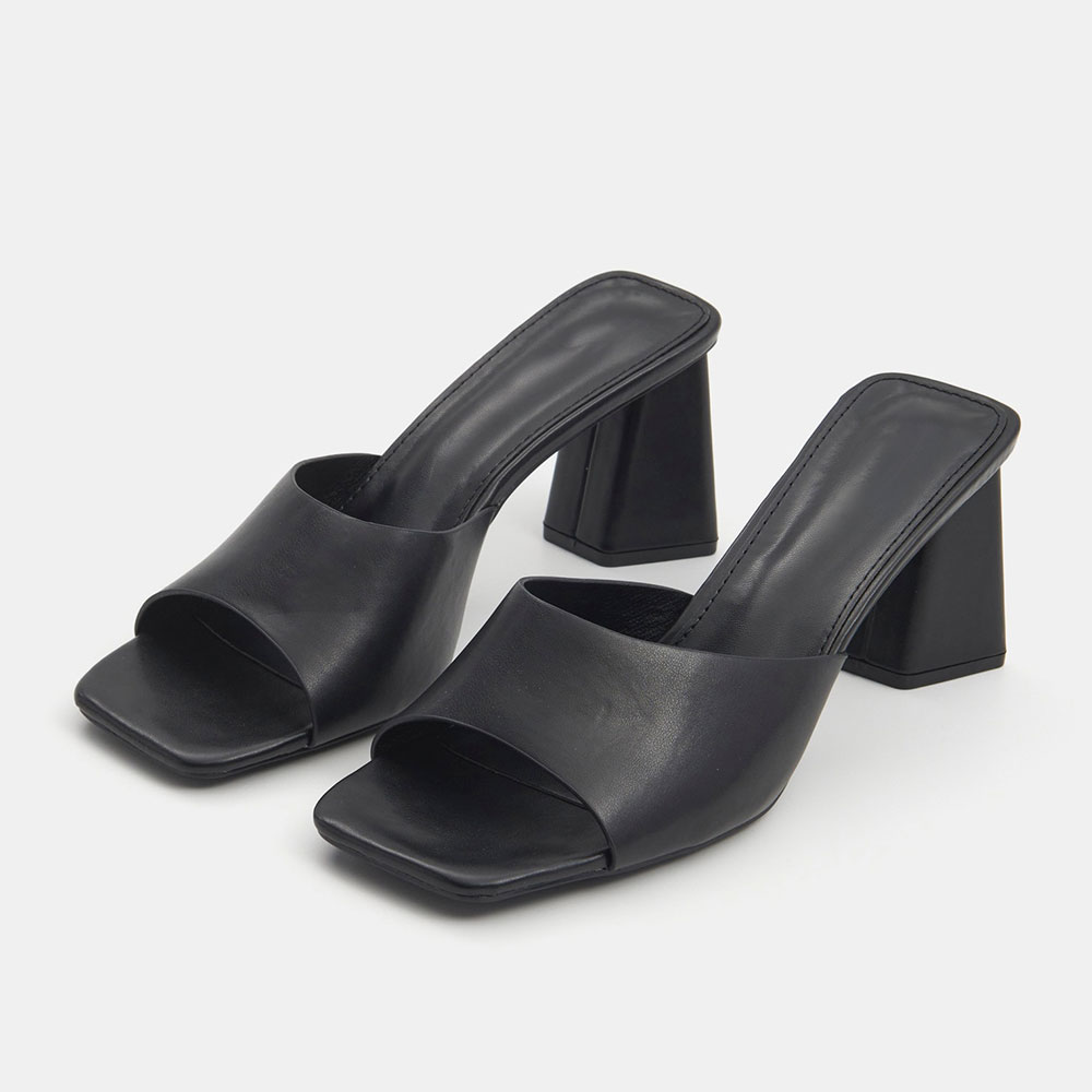 Square Toe Chunky High Heel Slip On Black Sandals for Women Nicepairs