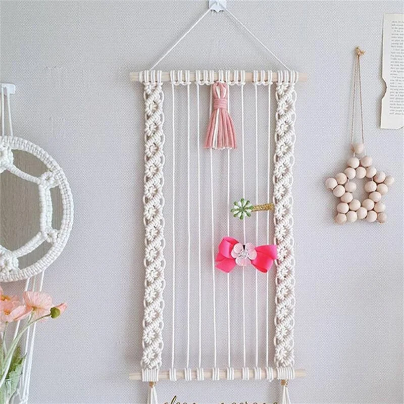 INS Nordic Bohemian Woven Tapestry Tassels Photos Hairpins Storage Organizer Baby Girls Hair Clips Holder Wall Hanging Ornaments