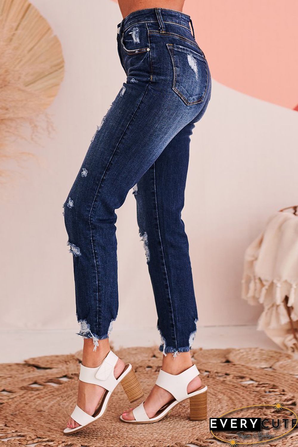 High Waist Cropped Distressed Ripped Jeans with Pockets