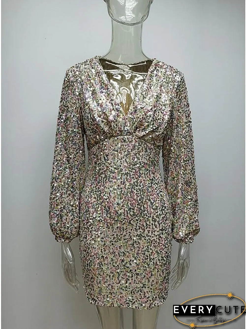 Womens Sheath Dress Short Mini Silver Long Sleeve Solid Color Print Summer Neck Hot Sexy