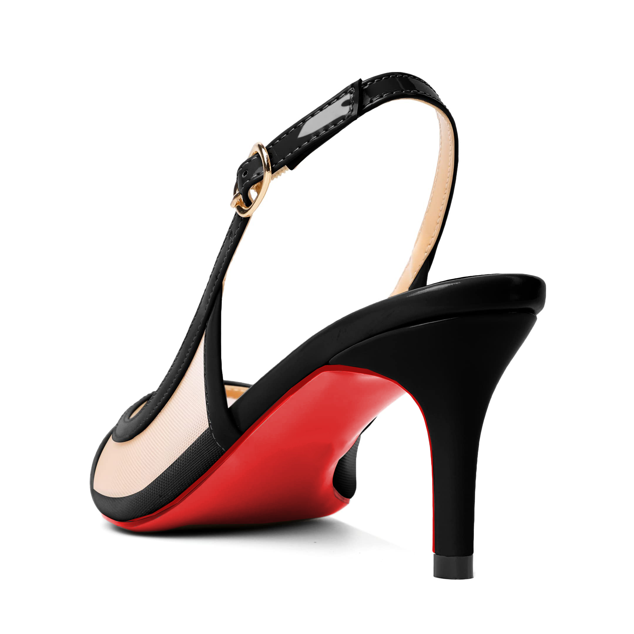 65mm Women's Pointed Toe Kitten Heel Ankle Buckle Pumps Mesh Red Bottom Patent Shoes-MERUMOTE