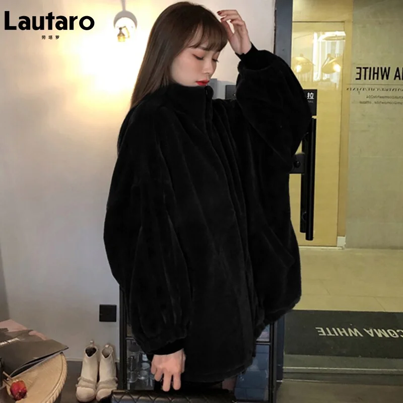 Huiketi Winter Black Oversized Faux Fur Jacket Women Long Sleeve Stand Collar Korean Fashion New Arrivals 2023 Womens Clothing