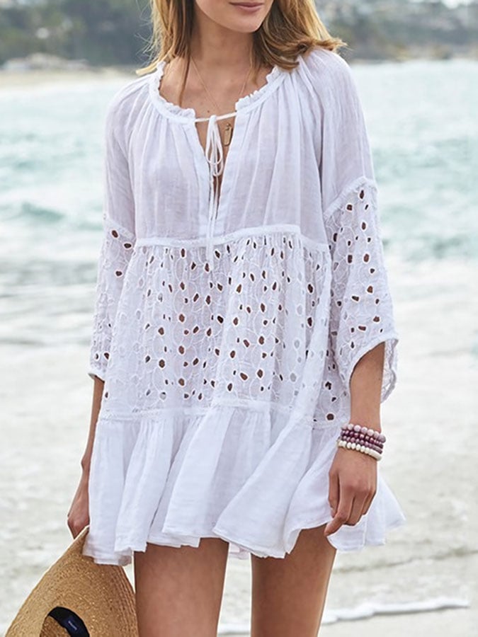Woven slub cotton patchwork lace beach skirt sun-proof clothing loose bikini blouse