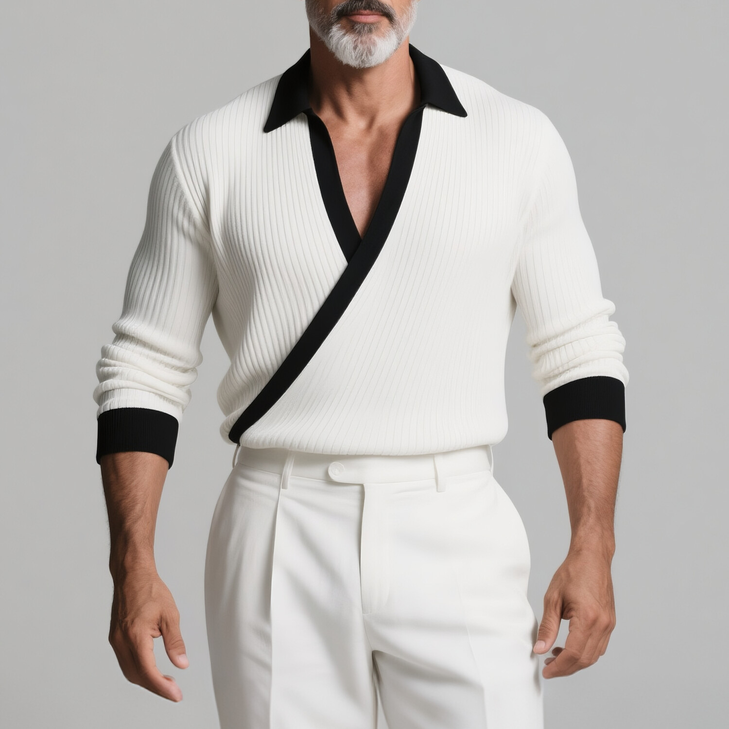 Men's Wrap Black Contrast Trim Long Sleeve Ribbed Knit Top