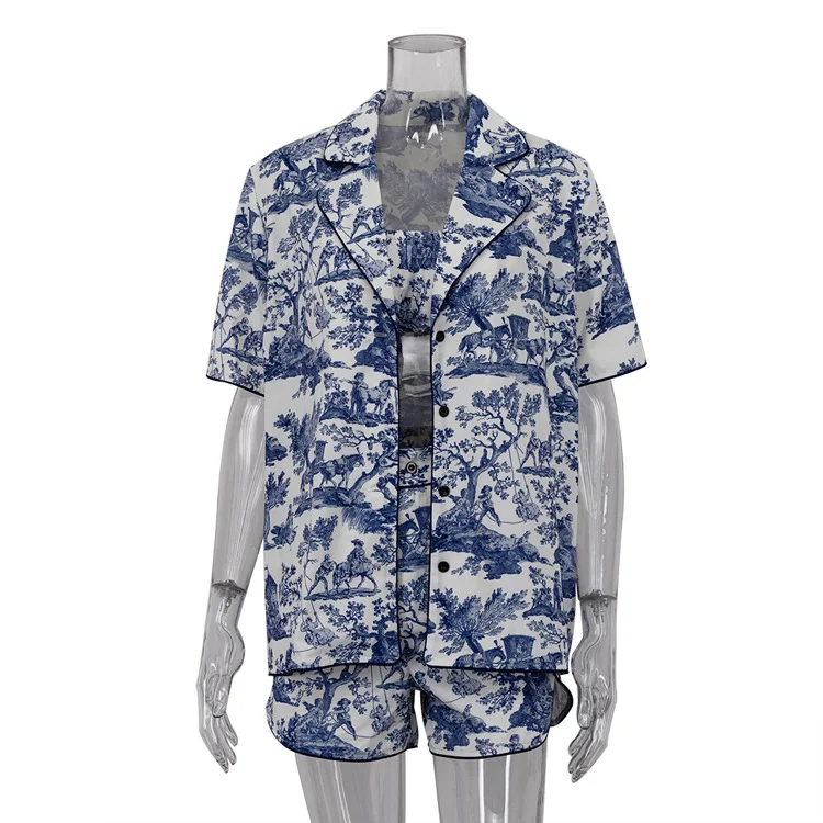 Churchf Churchf New Chinese Style Ink Print Shirt Sling Shorts Three-Piece Retro Fashion Suit Women's Wear