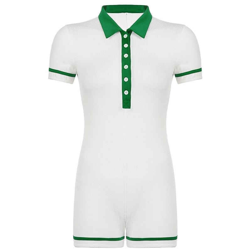 Rapcopter Solid Playsuits Single-Breasted Short Sleeve Bodysuits Vintage Biker Overalls Women Turn Down Collar Jumpsuits Rompers