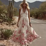 Vintage Pink Roses Embroidered Lace Patchwork Linen Tank Dress - Image 2