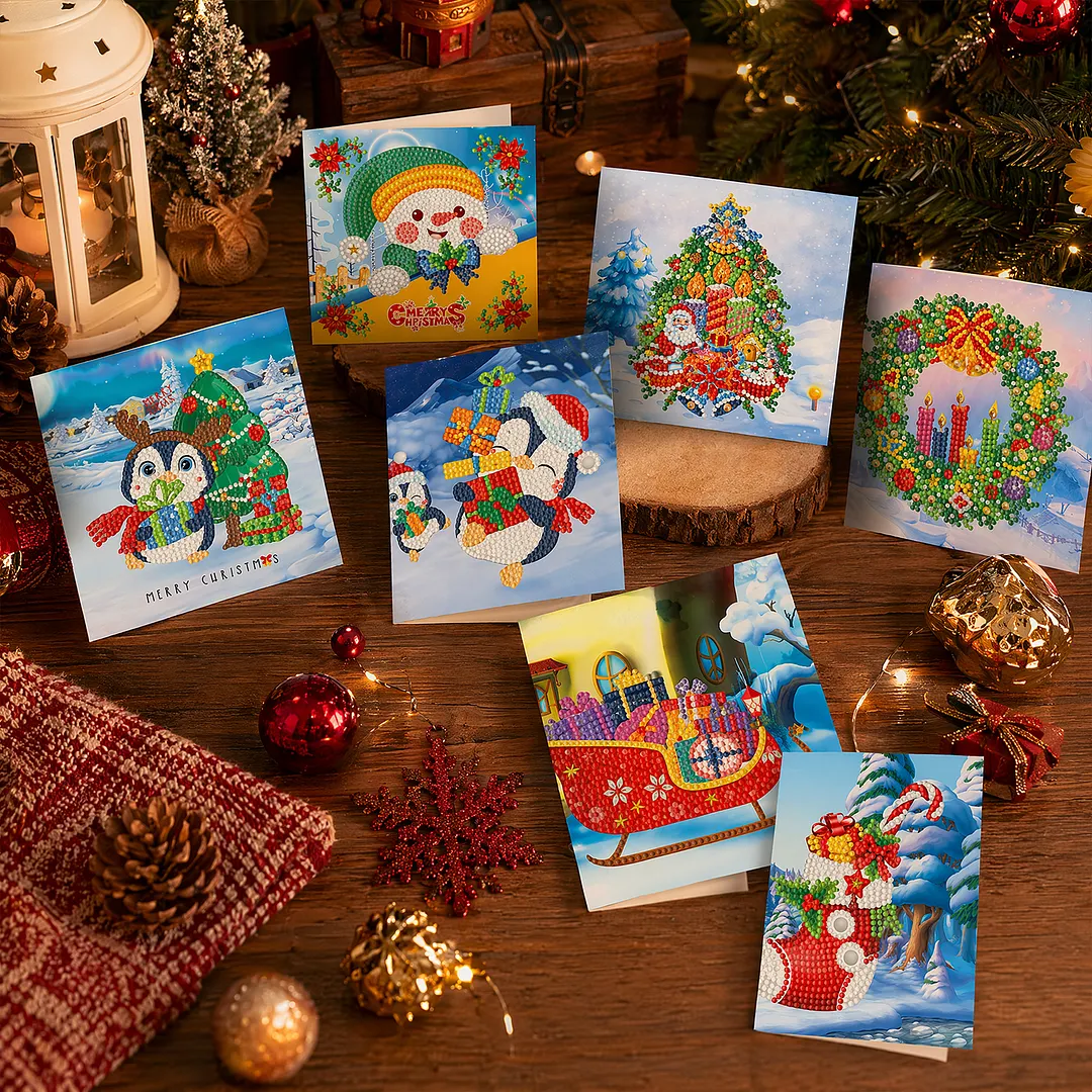 8PCS Winter Cartoon DIY Diamond Painting Greeting Card Kits with Envelopes Diamond Art Greeting Cards Diamond Art Cards Kits for Adults DIY Crafts Family Friend Gifts