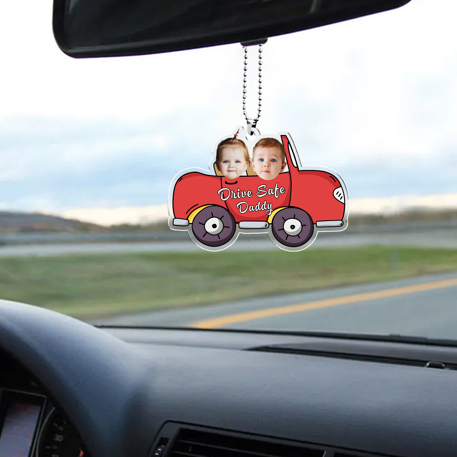 Personalised Red Car Acrylic Hanging Ornament Custom 2 Photos & 1 Text & 1 Name Keychain Pedant Gift for Family-Jessemade AU