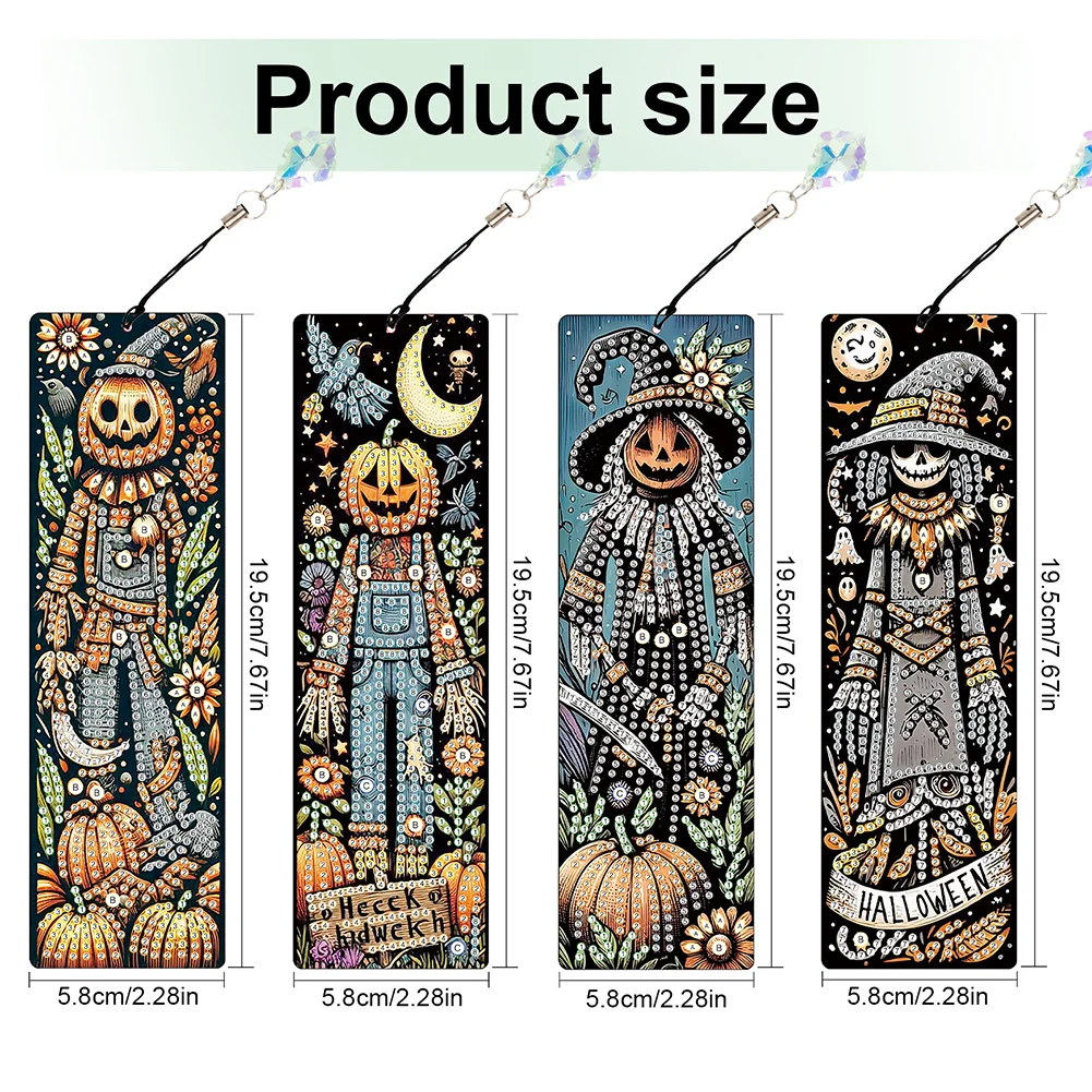 4Pcs Halloween Pumpkin Skull Themed DIY Diamond Painting Bookmark for Book Lover