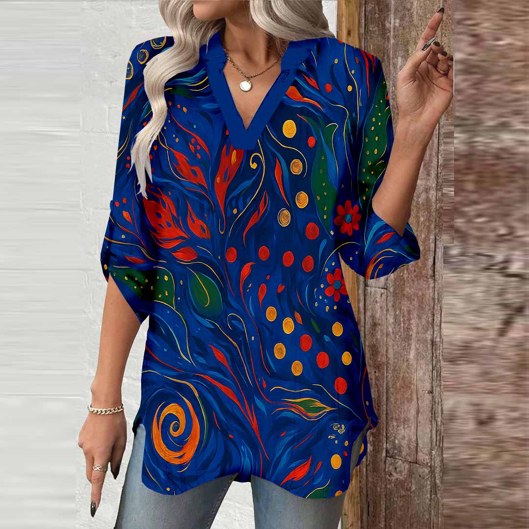 Women Abstract, Blue, Red DZGA0361 3/4 Sleeve V-neck Printed Graphic Button Tops