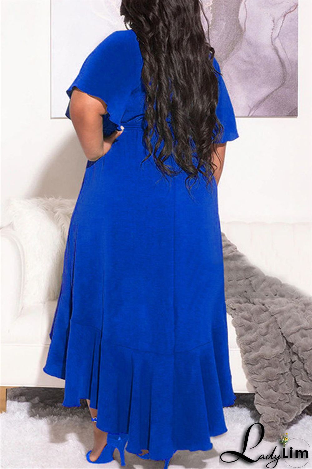 Blue Fashion Casual Solid Bandage Flounce V Neck Irregular Dress Plus Size Dresses