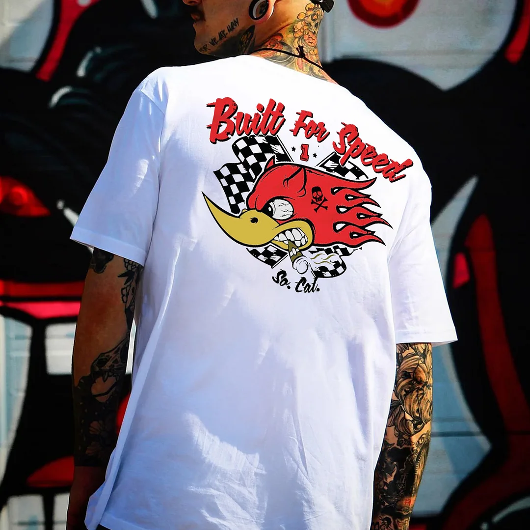 BUILT FOR SPEED Hot Rod Bird&Racing Flag Print Men's T-shirt