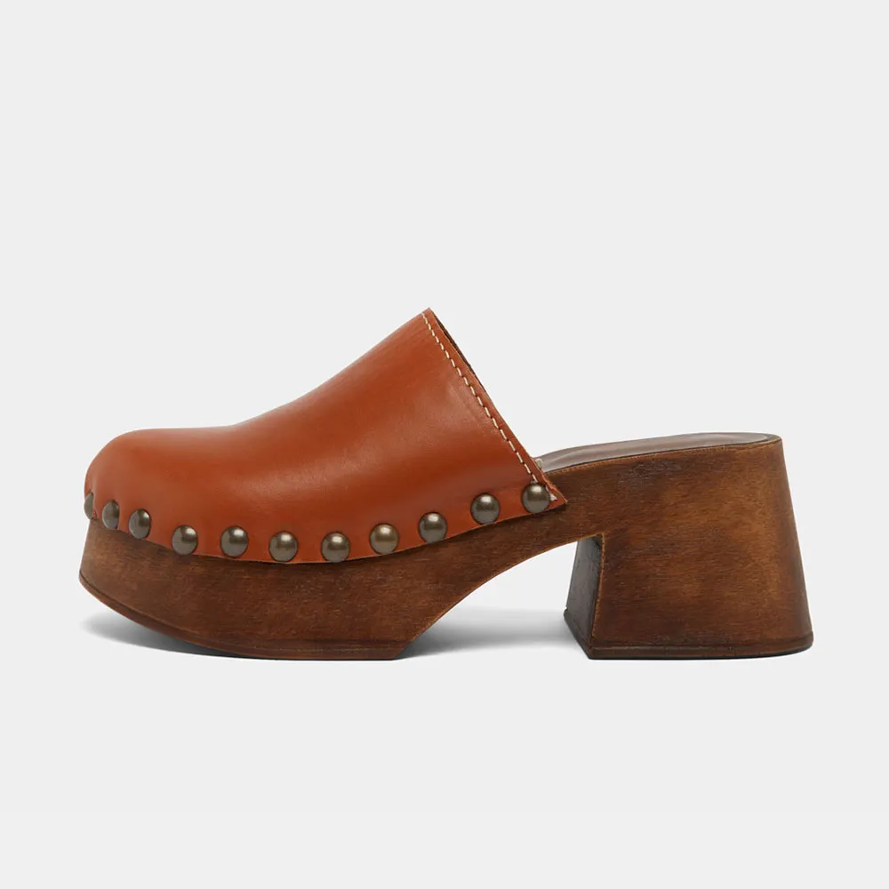 Brown Round Toe Chunky Heel Platform Studded Women's Mules Shoes