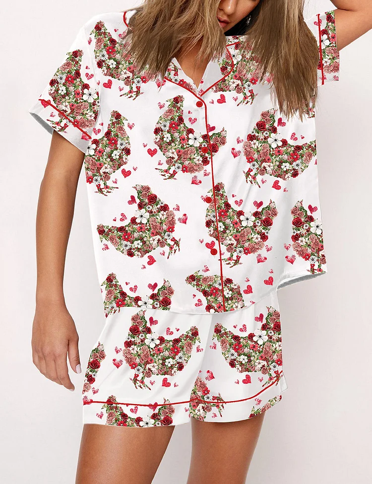 Women's Floral Chicken Valentine Print Pajama Set