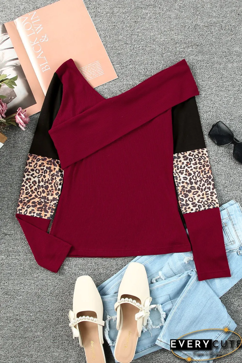 Red Leopard Color Block Ribbed Cross Wrap Top
