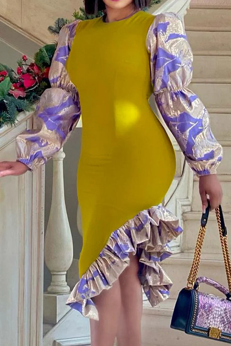 Yellow Casual Elegant Print Split Joint Flounce Asymmetrical Irregular Dress Dresses