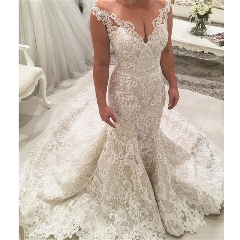 Miabel Portrait Sleeveless Long V-Neck Mermaid Lace Appliques Wedding Dress