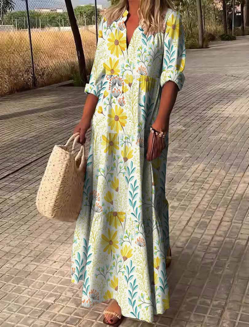 Women Floral,Yellow,Blue DZDN1065 SPU Printed Long Sleeve V-neck Maxi Dress