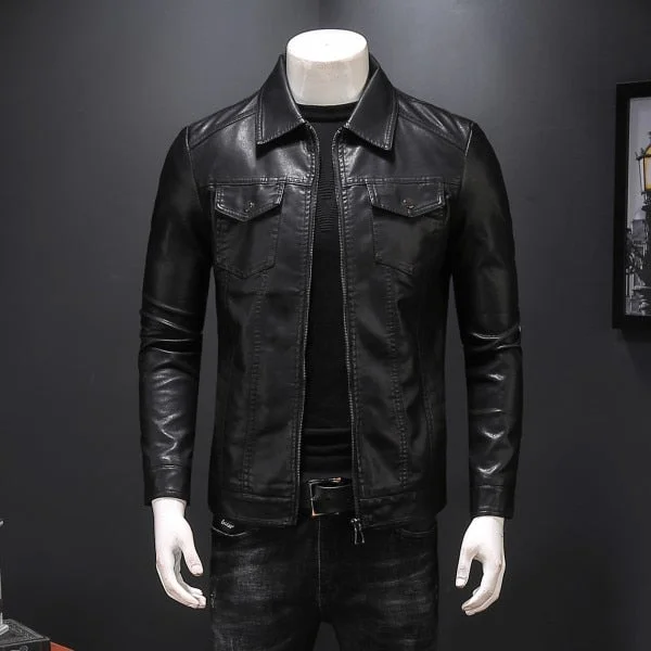 Woherb Black Faux Leather Jackets Men Fashion Business Windbreaker Turn Down Collar Multi-pocket Casual Slim Fit Biker Clothing Man