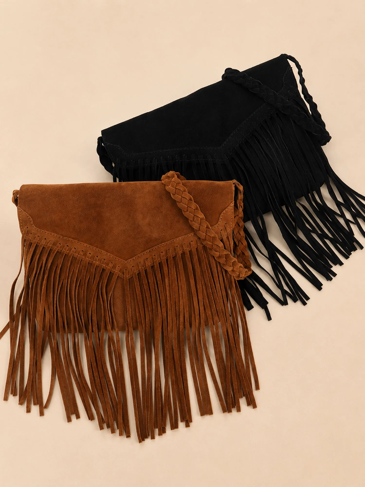 Perfect for American Western Road Trips &mdash; Caramel Vintage Faux Suede Long Fringe Crossbody Saddle Bag