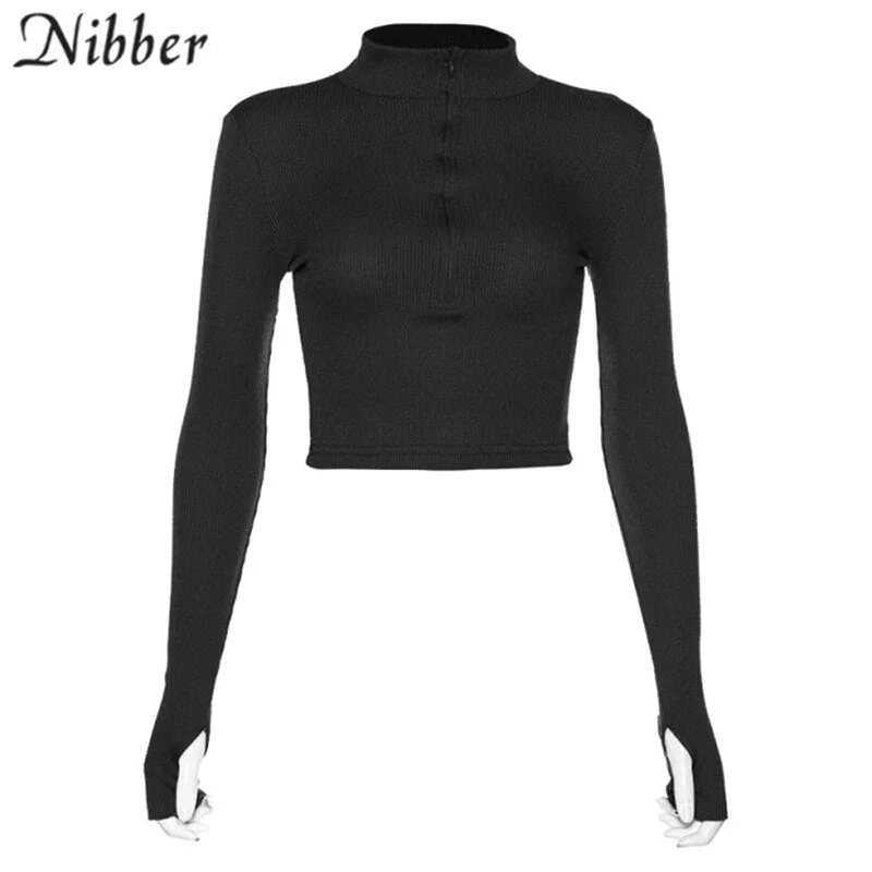 NIBBER solid color casual T-shirt women  long sleeves turtleneck crop tops sexy simple style party club 2020 spring summer new