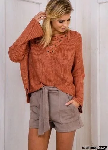 V Neck Solid Color Long Sleeve Knit Sweater