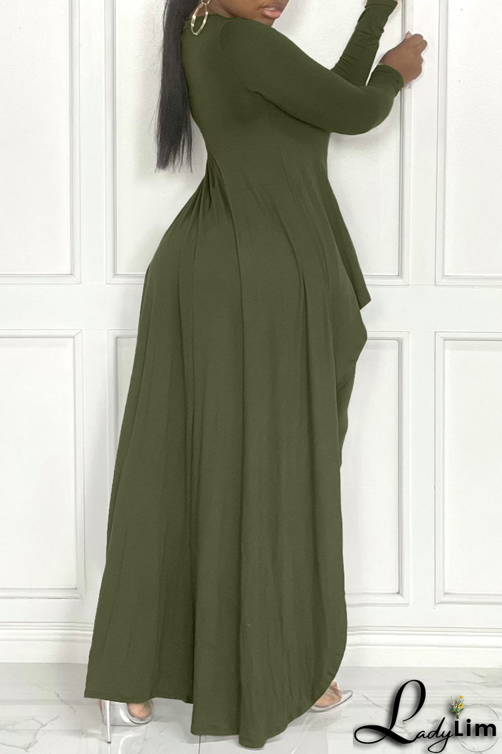 Army Green Fashion Casual Print Asymmetrical O Neck Plus Size Two Pieces