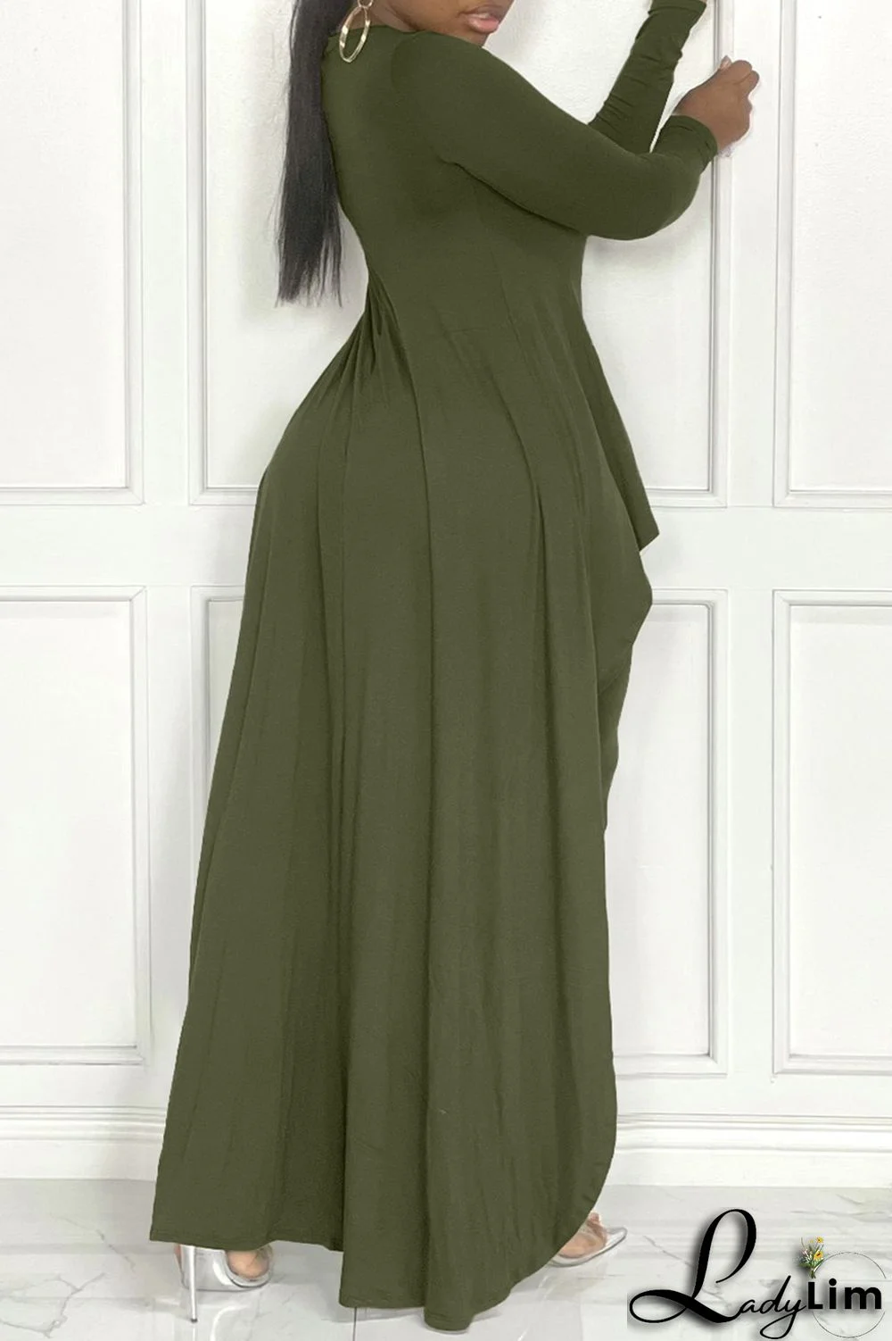 Army Green Fashion Casual Print Asymmetrical O Neck Plus Size Two Pieces