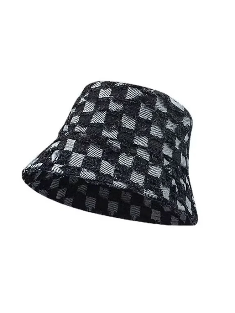 Casual Checkerboard Frayed Denim Bucket Hat