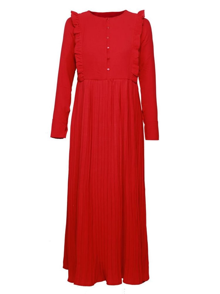 Mayoulove Dress For Women Hepburn Style Ruff Hem Long-sleeved Pleated Maxi Dress-Mayoulove