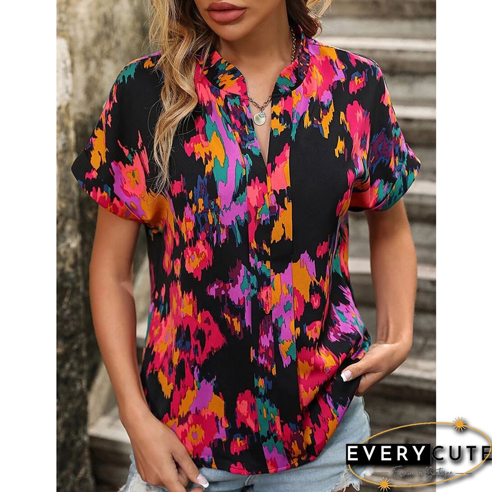 Red Multicolor Floral Printed Short Sleeve Top