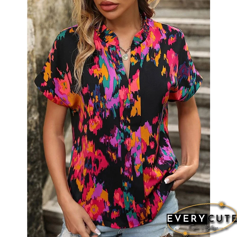 Red Multicolor Floral Printed Short Sleeve Top