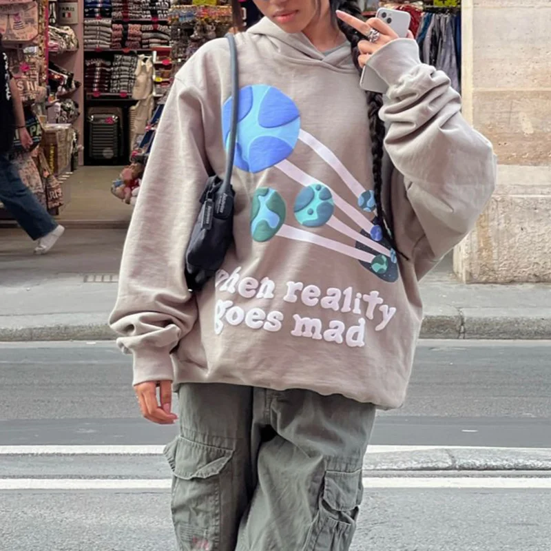Puff Print When Reality Goes Mad Loose Hoodie