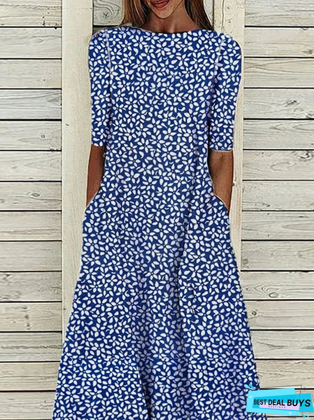 Women's A Line Dress Midi Dress Blue Half Sleeve Floral Ruched Print Summer Fall Crew Neck Casual Modern