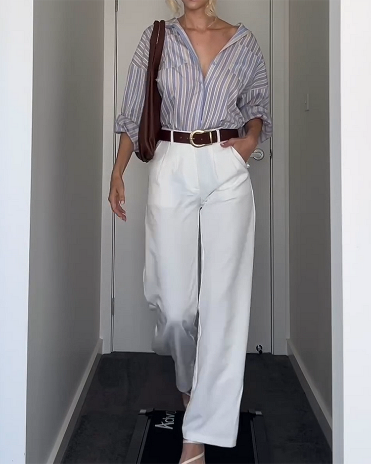 Lapel Striped Top and Pants Two-piece Suit Without Belt